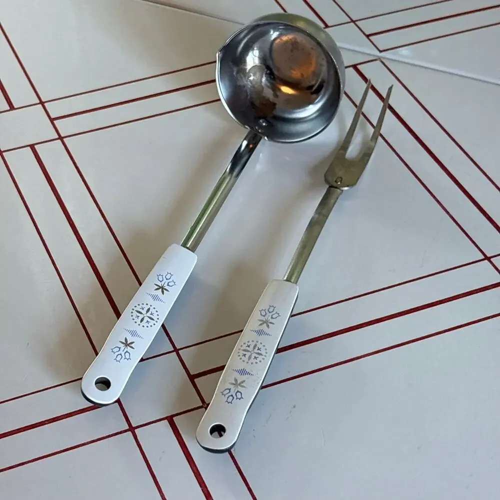 Vintage EKCO USA Ladle & Meat Fork Set Floral Handles